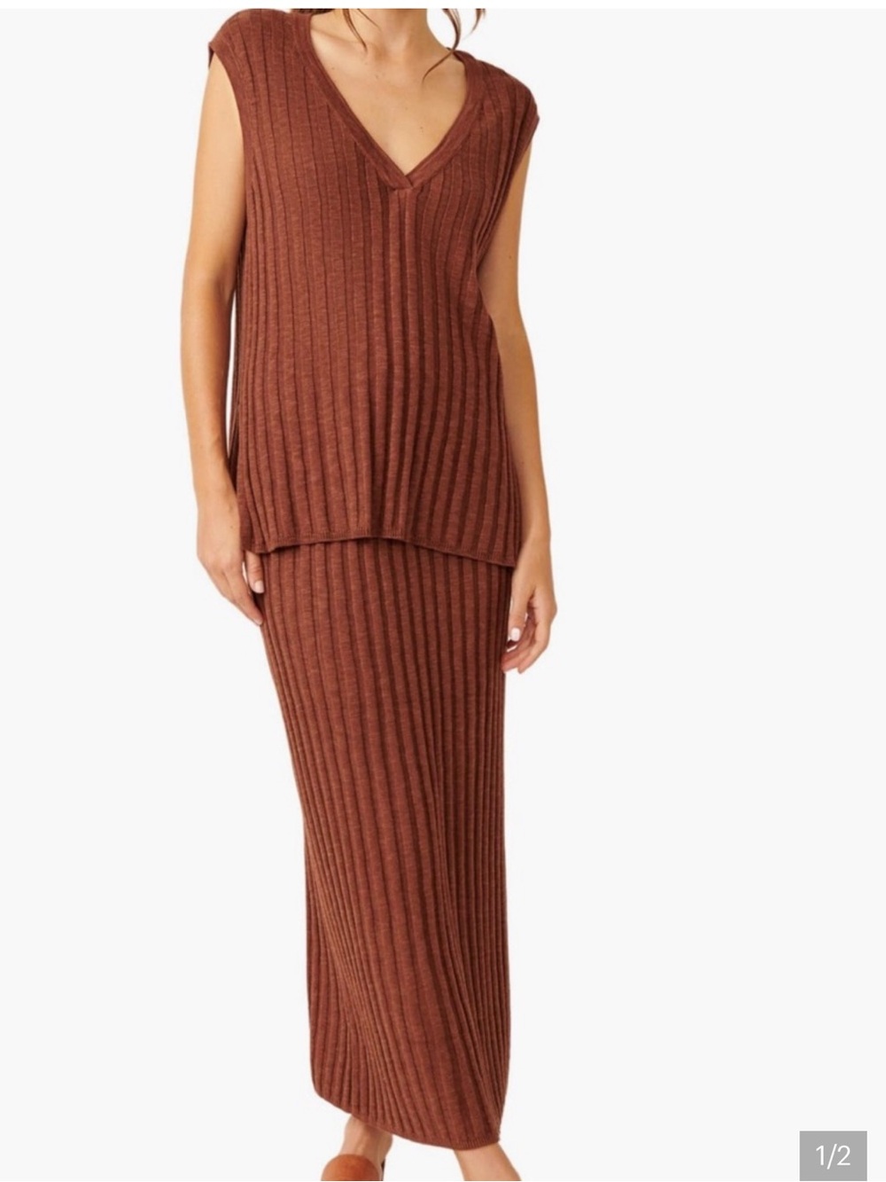 Free People Ribbed Maxi Skirt in Rust